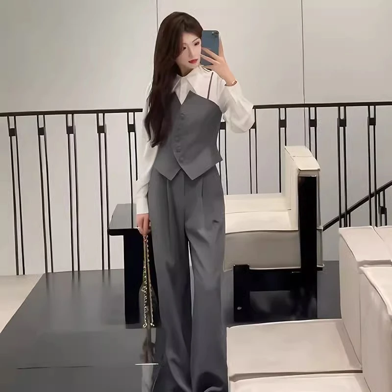 法式气质高级感拼接上衣高腰阔腿裤两件套女春季新款洋气时尚套装