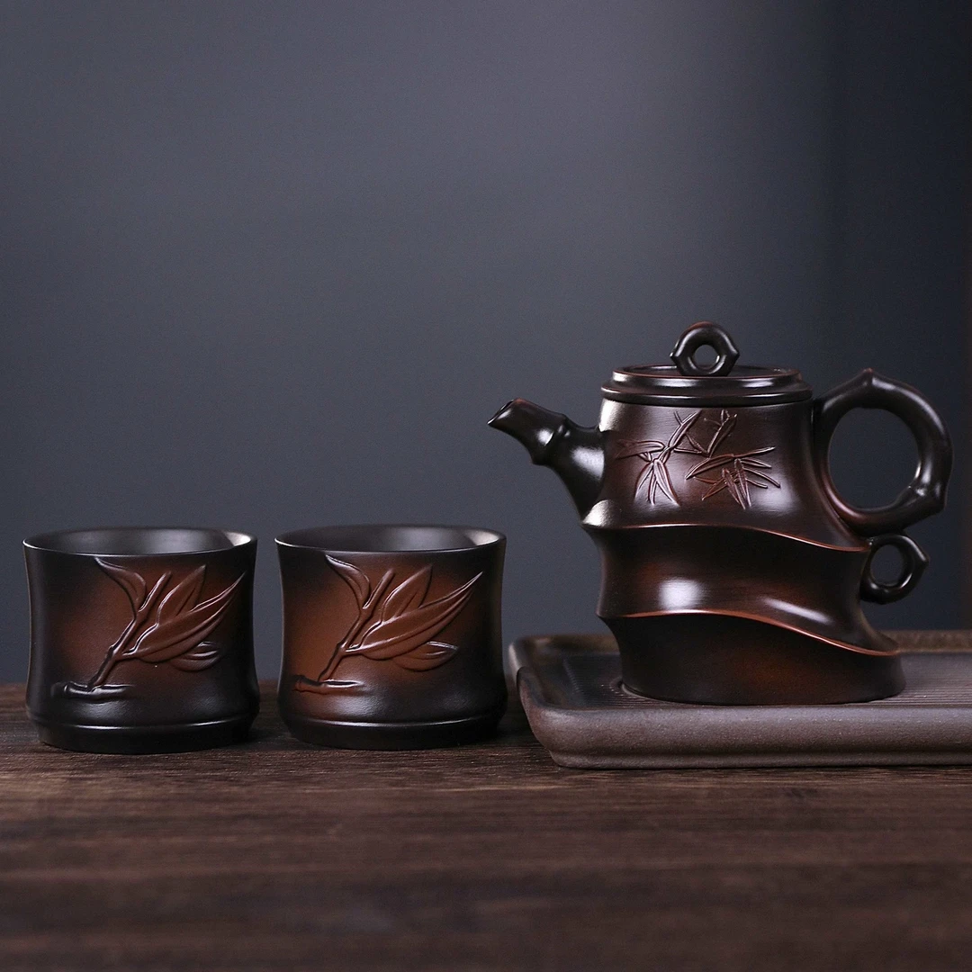 紫陶斜竹凤鸣壶配两个品茗竹节杯【普通包装】