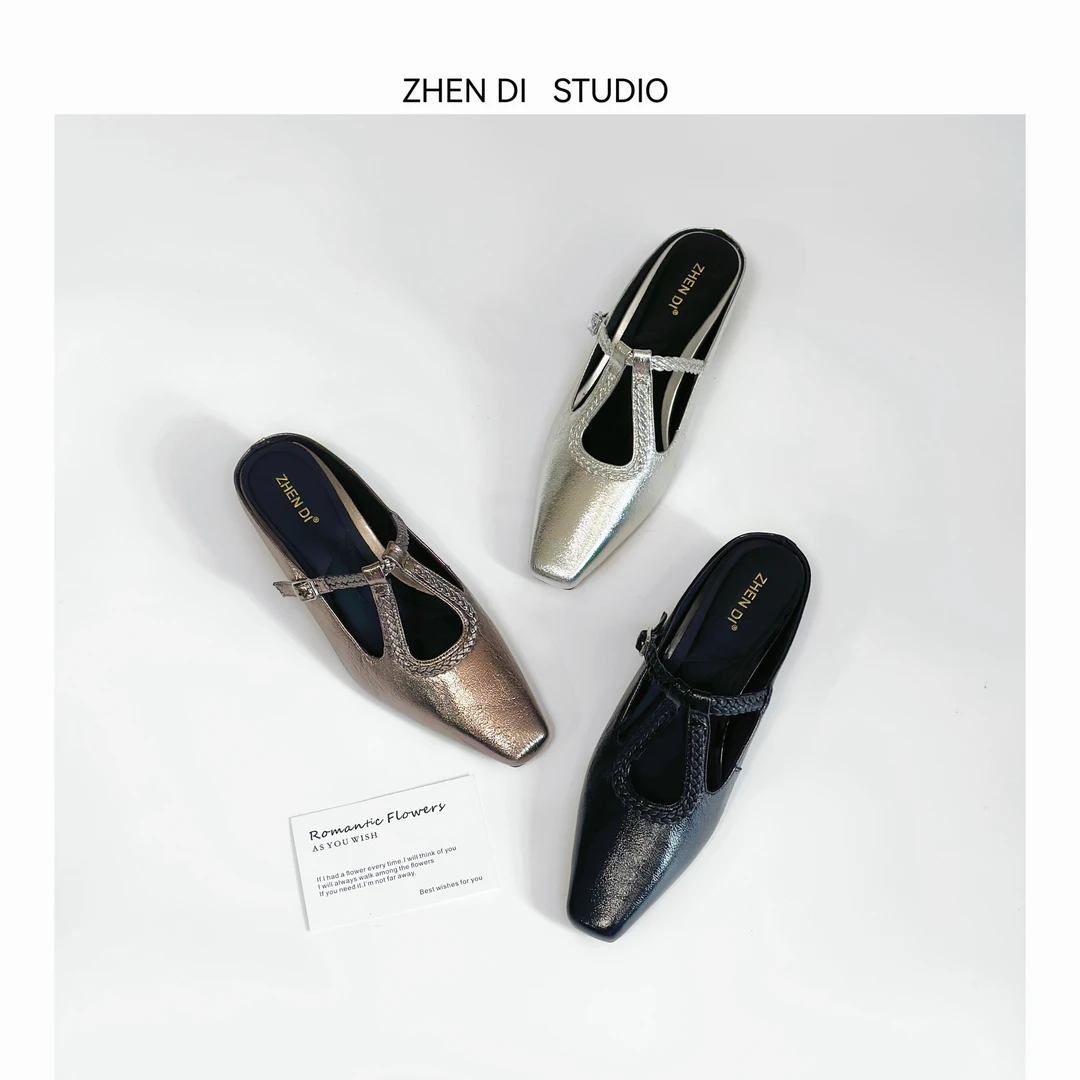 臻弟ZHENDI/新款时尚百搭女鞋小众设计方头坡跟包头半拖CZ5430