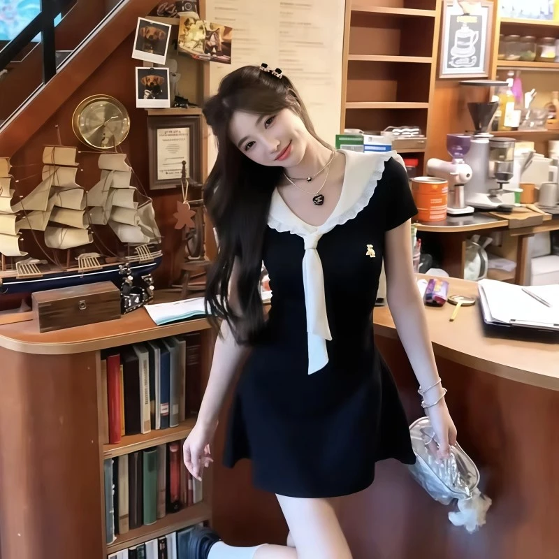 法式学院风海军领连衣裙女夏季新款收腰显瘦温柔甜美气质蓬蓬短裙