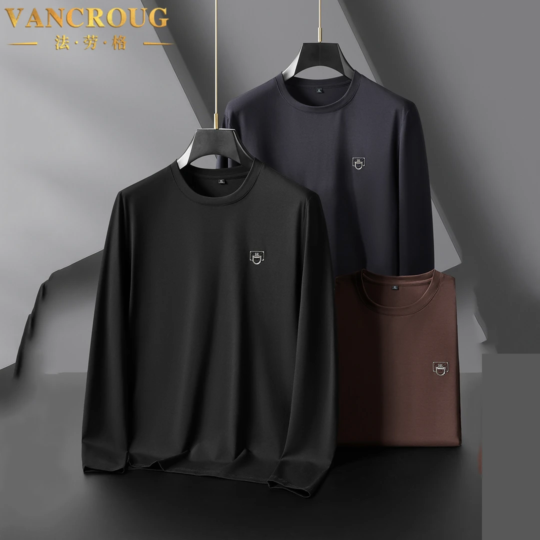 VANCROUG/法劳格长袖T恤男士秋季宽松大码纯色圆领日常百搭打底衫