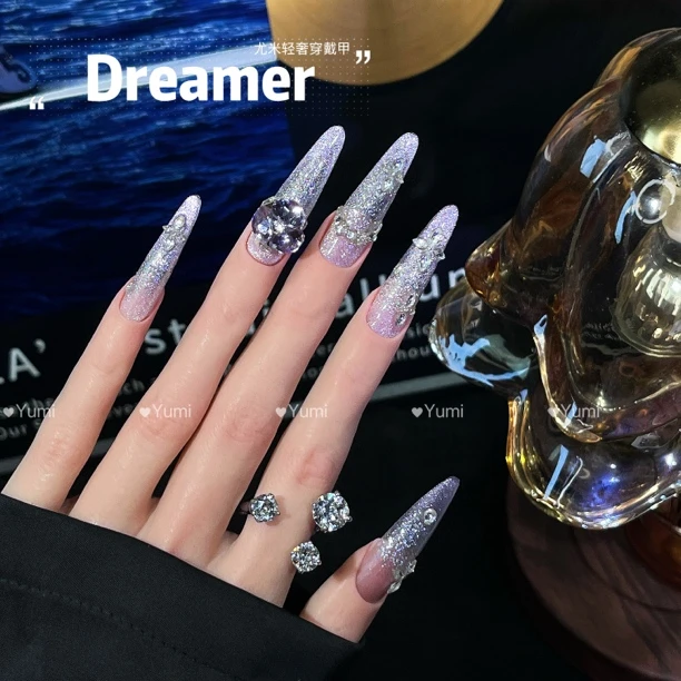 春夏手工穿戴甲紫色魅影爆闪锆石钻亮片法式美甲贴可拆卸甲片