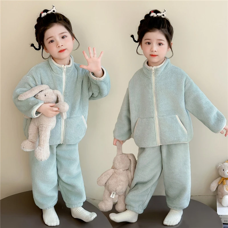 女童珊瑚绒睡衣秋冬季新款加厚女孩宝宝法兰绒套装冬款儿童家居服