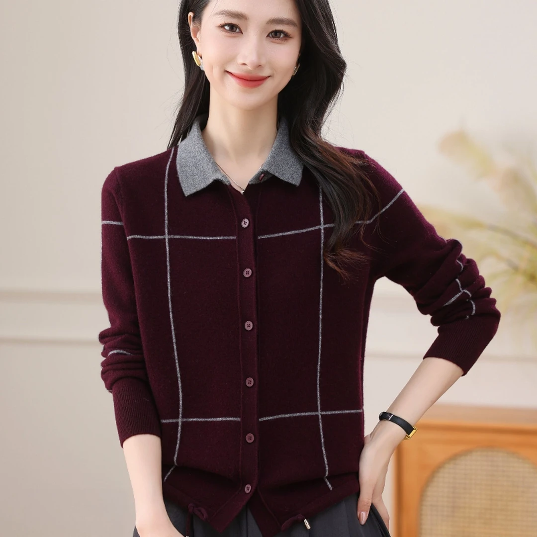 黛妍60136冬季新款100%羊毛洋气条纹各自POLO领针织小开衫