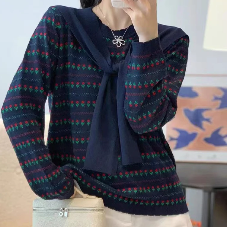 邹先森78108-30 条纹披肩针织衫女秋冬穿搭宽松显瘦上衣女