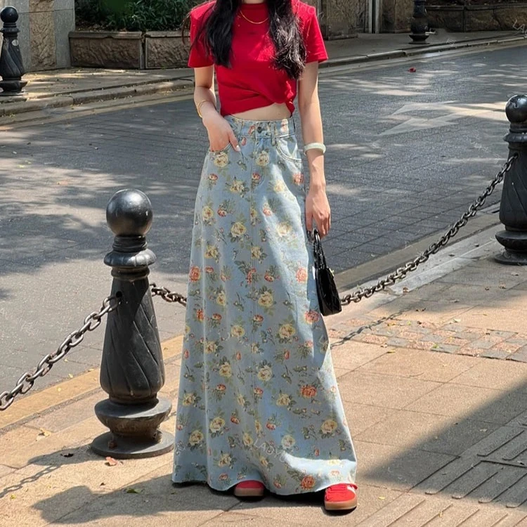 牛仔半身裙女复古碎花印花设计高腰修身个性洋气辣妹包臀a字长裙