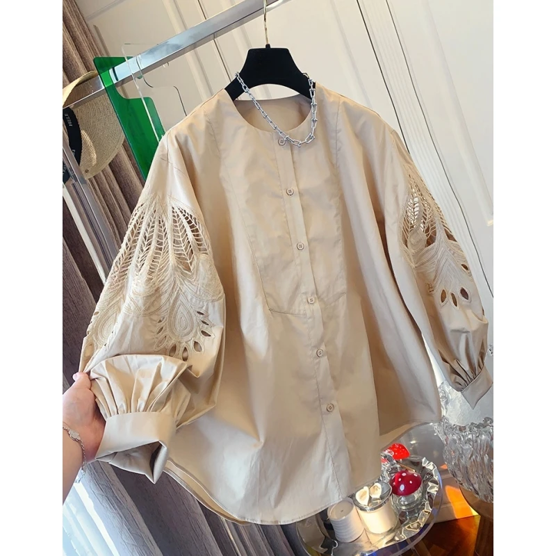 高级设计感气质法式镂空刺绣灯笼袖衬衫宽松上衣女装2025春季新款