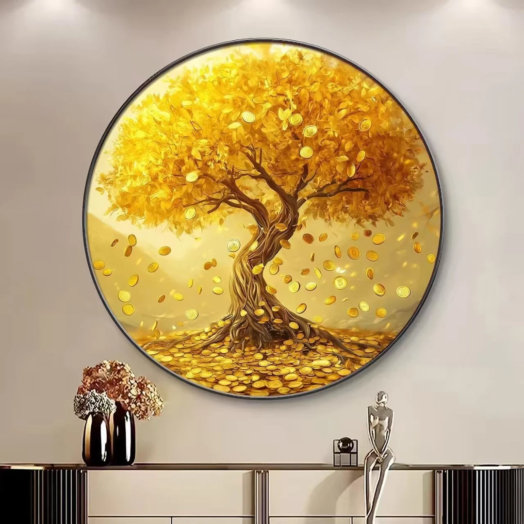 新中式黄金树装饰客厅玄关卧室床头晶瓷镶钻带框带灯圆形挂画