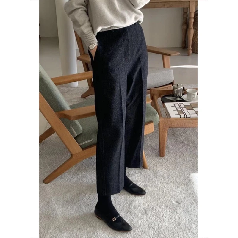 毛呢窄版阔腿裤女秋冬季2026新款西装休闲直筒裤小个子八分九分裤