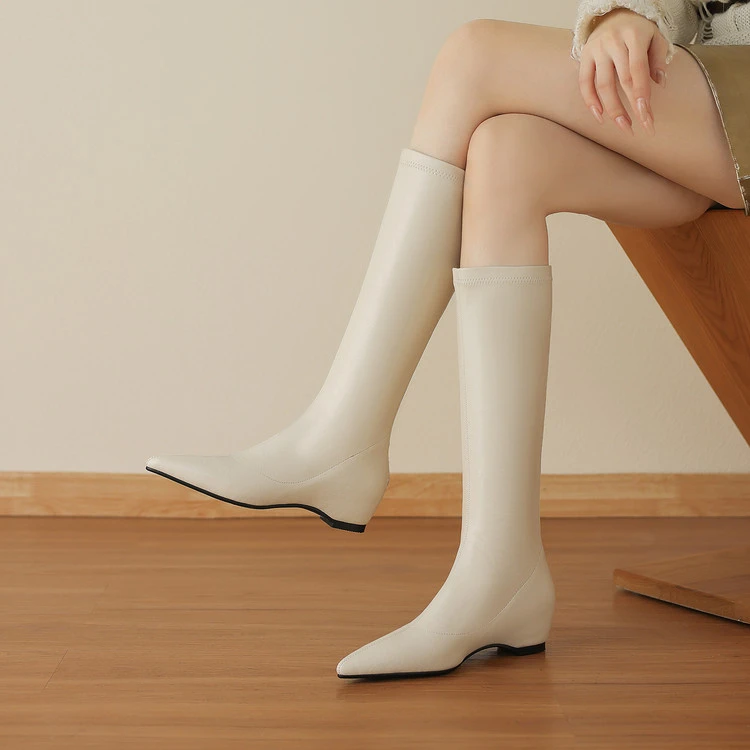 4cm~女神瘦瘦靴法式尖头显瘦内增高中跟弹力长筒靴四季通用及膝靴