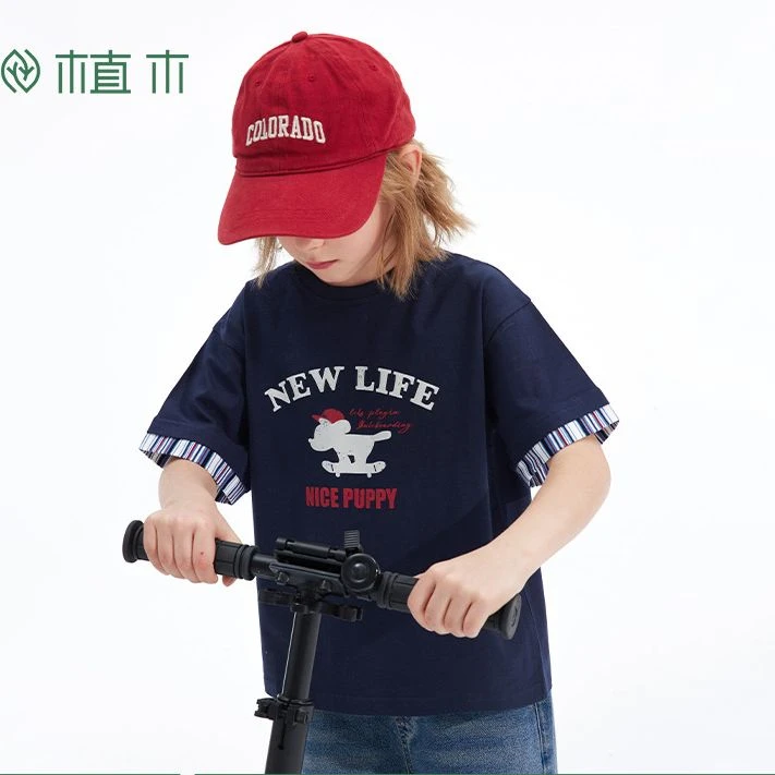 植木童装男童T恤2025夏季新款中大童假两件短袖棉质上衣儿童T恤