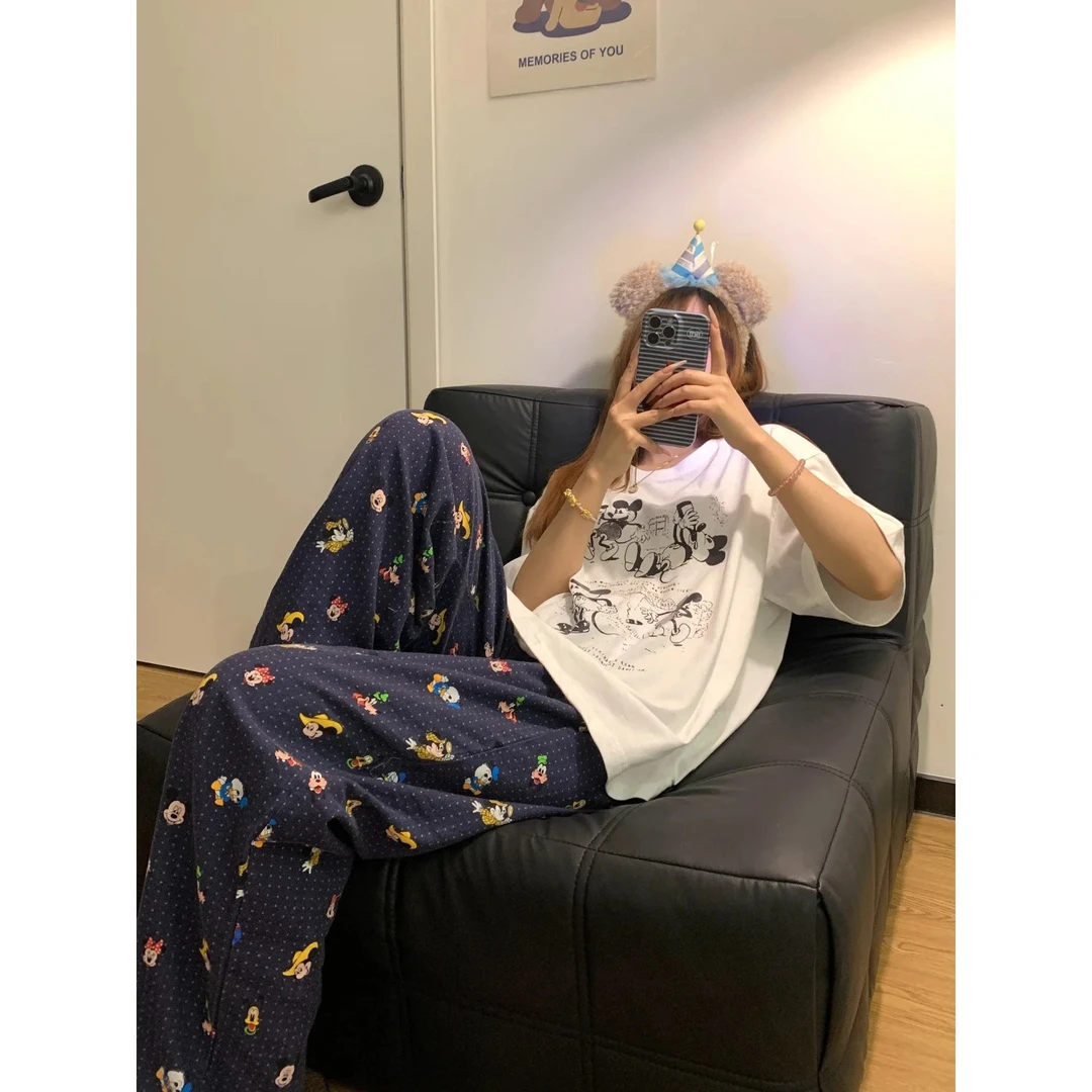 韩版复古趣味米奇少女短袖睡衣女夏季新款长裤套装可外穿家居服女