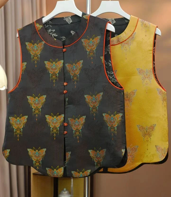 秋季两面马甲上衣提花无袖马夹草木染国风短款马甲