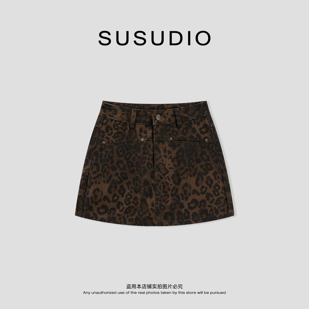 SUSUDIO 100棉 时髦复古豹纹高腰挺阔A字牛仔短裙 40646
