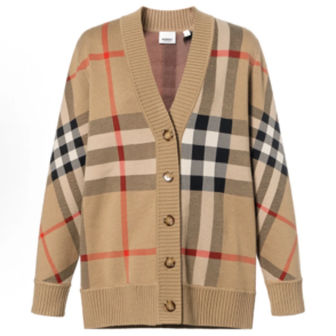 未使用 BURBERRY/博柏利 女士卡其经典格纹单排扣针织开衫