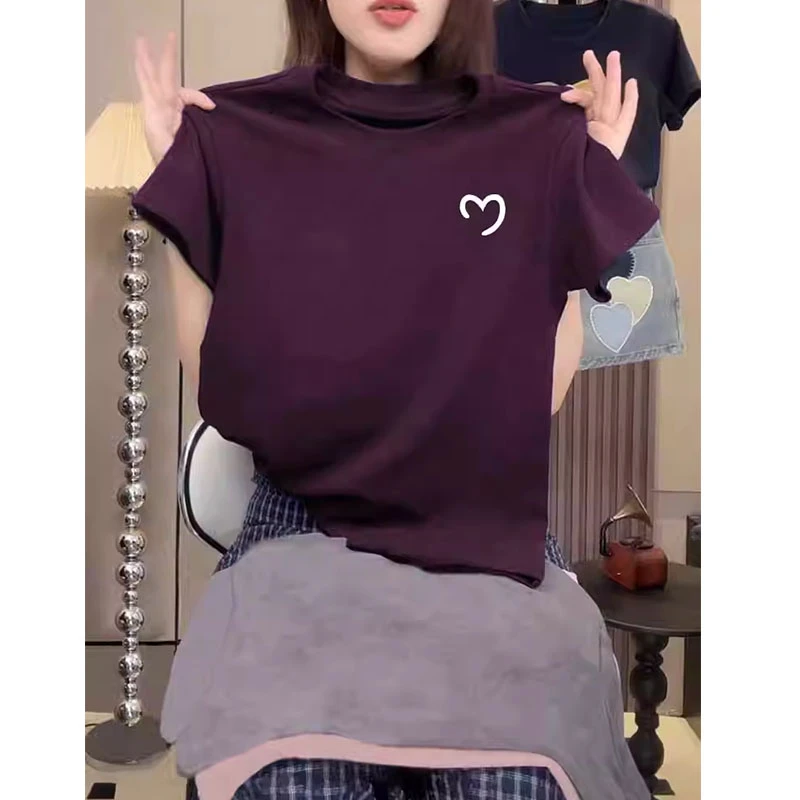 夏季薄款2025新款正肩圆领短袖t恤女百搭洋气紫色上衣打底衫潮