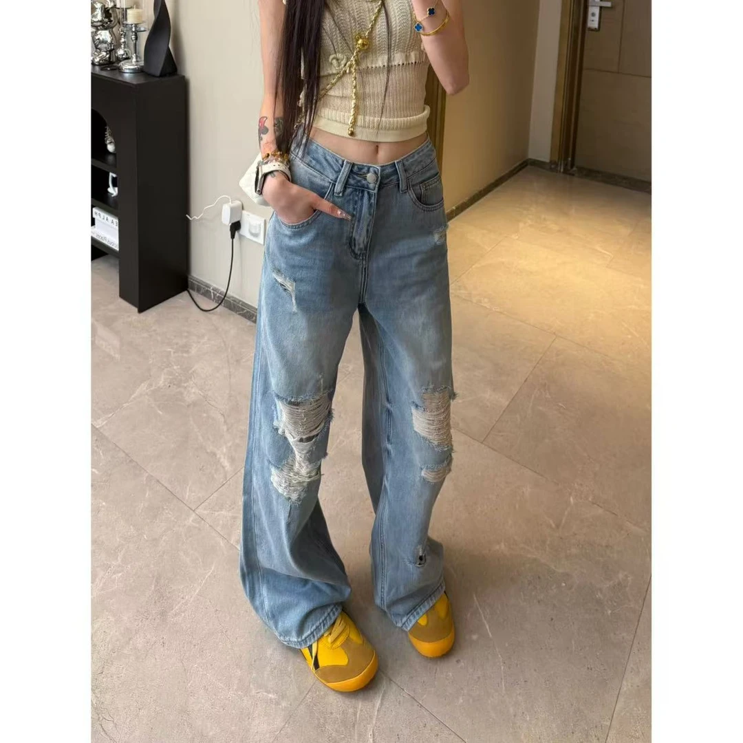 【青姐同款】女夏季直筒裤薄款牛仔裤破洞蕾丝长裤水洗芭蕾风