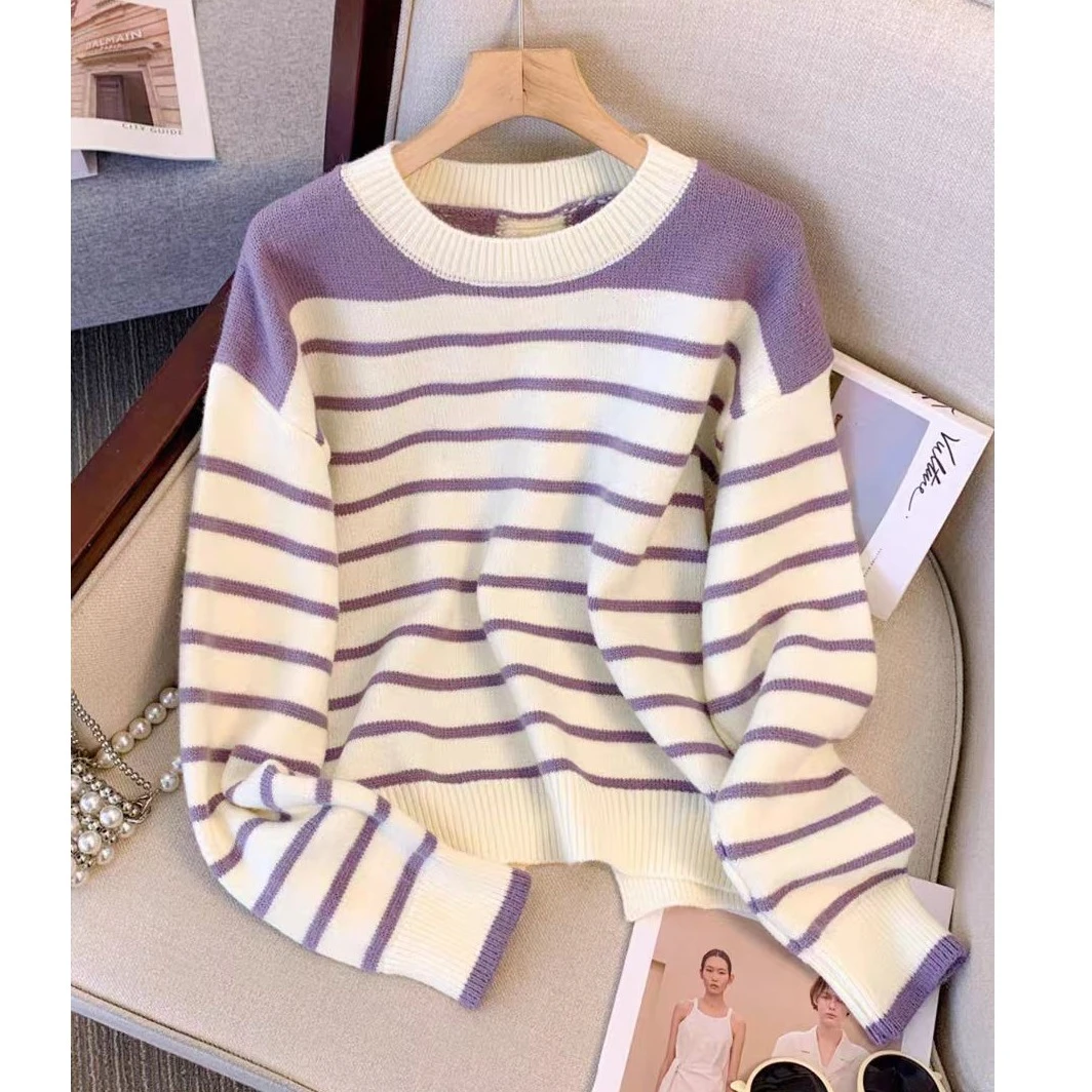 简约圆领条纹设计感气质学院风针织上衣K24142