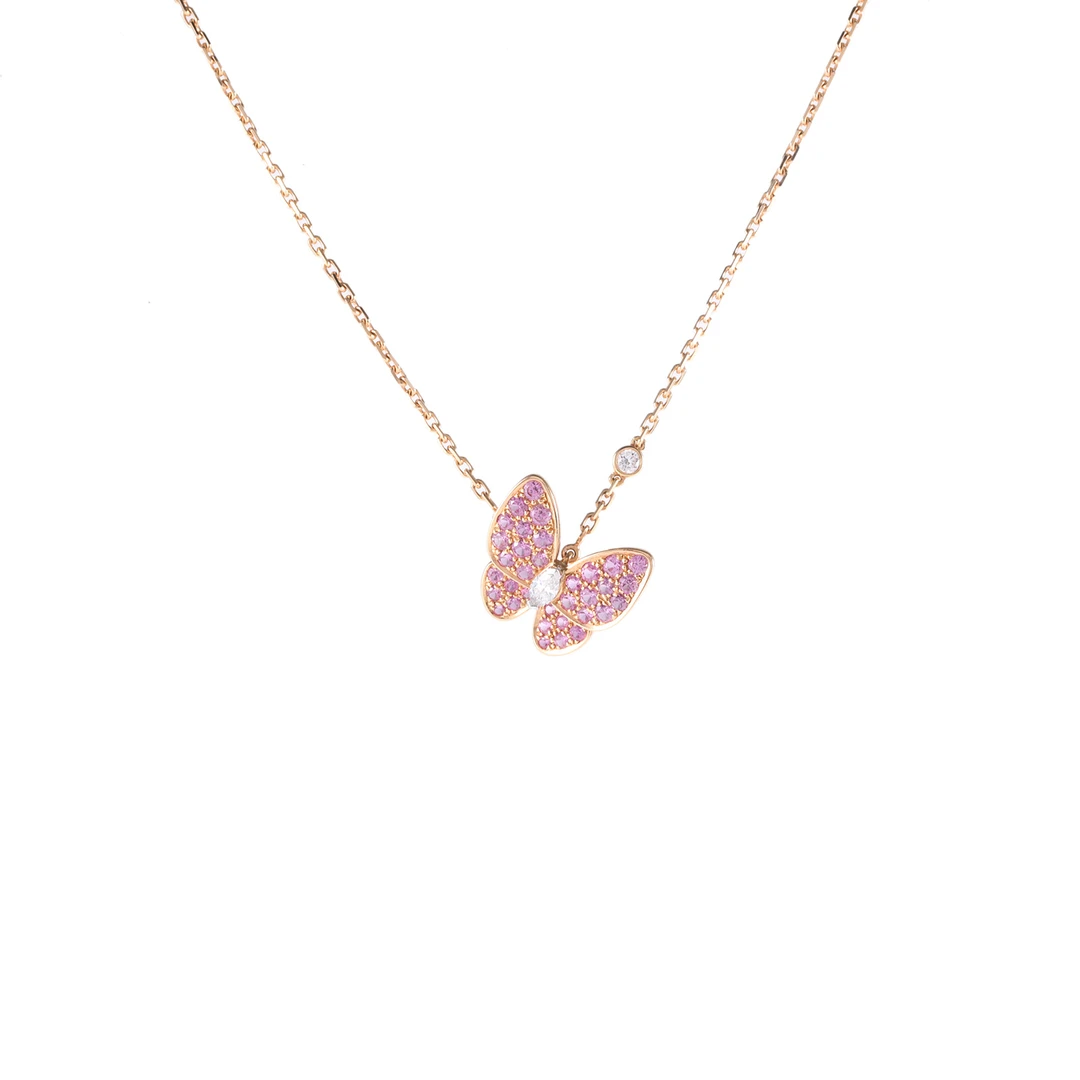 99新 梵克雅宝 小花6枫 Two Butterfly 蝴蝶项链 二钻 粉钻