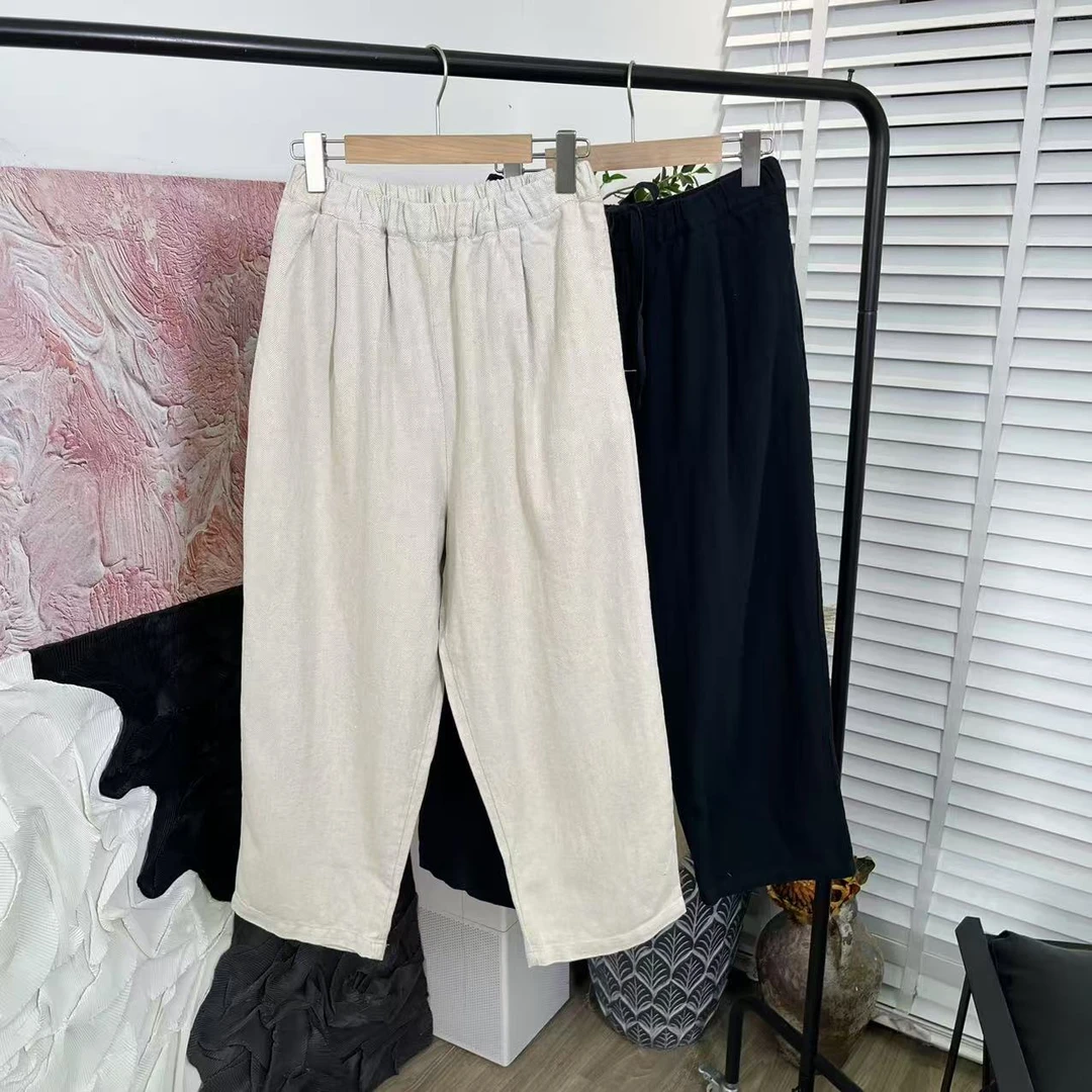 日系新款品质「棉麻人字纹」松紧腰休闲长裤女E5019