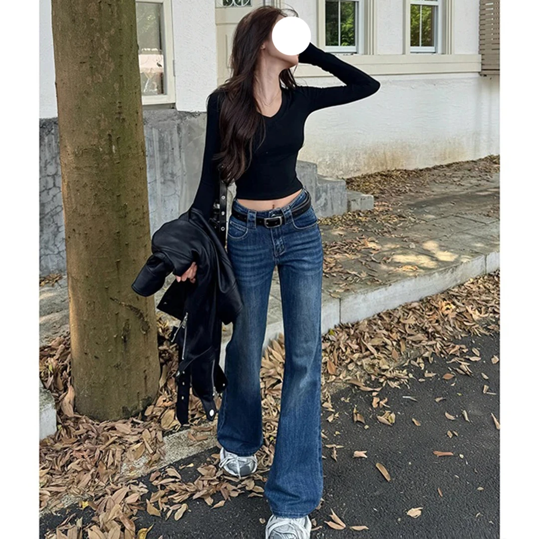 美式复古微喇牛仔裤女秋季辣妹中低腰修身显瘦不贴腿直筒喇叭裤子