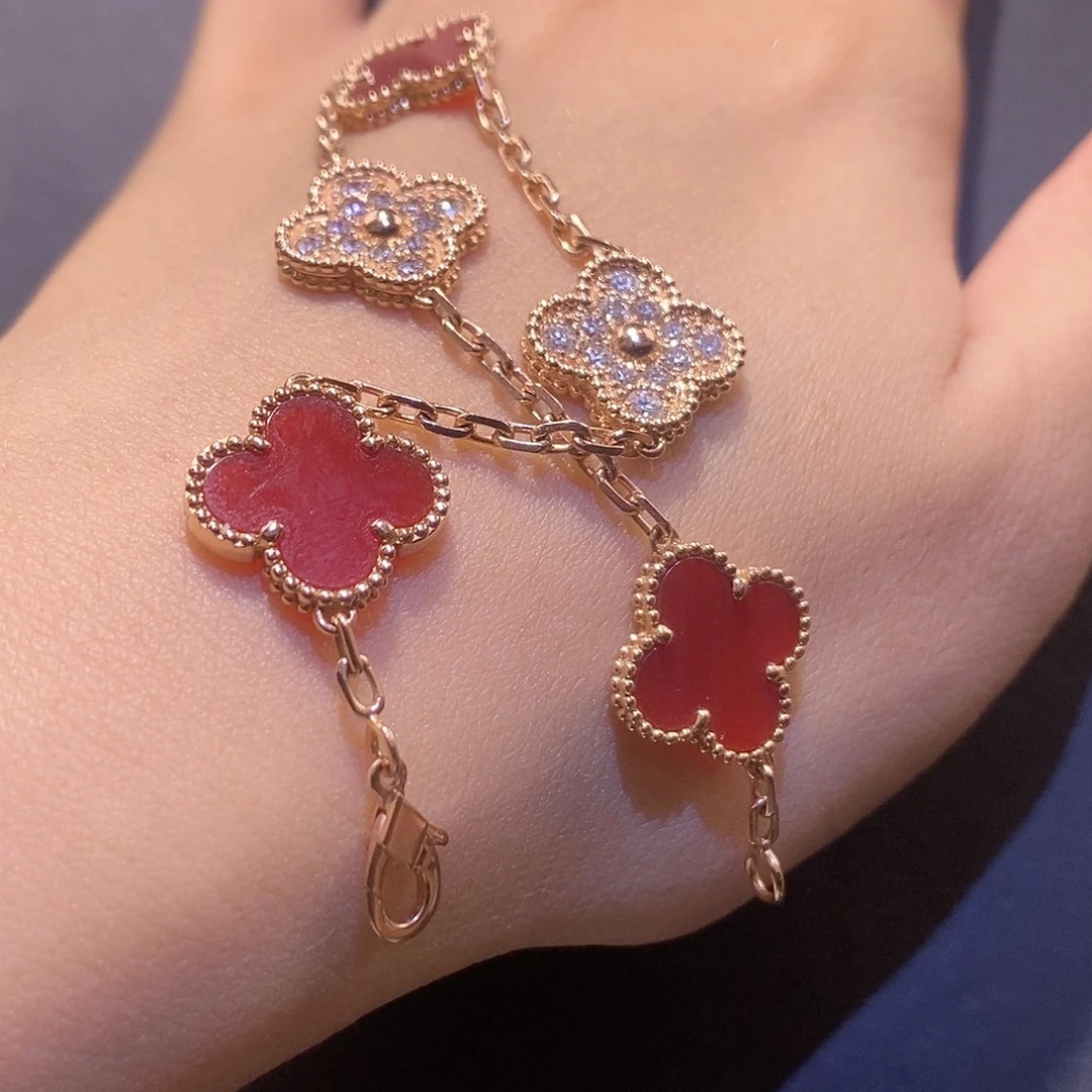 钻石18K金镶嵌手链间钻五花红玛瑙钻石手链k玫