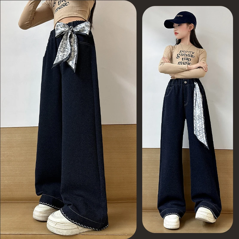 女童秋季时尚休闲牛仔直筒阔腿裤6~12岁中大童宽松洋气时髦百搭潮