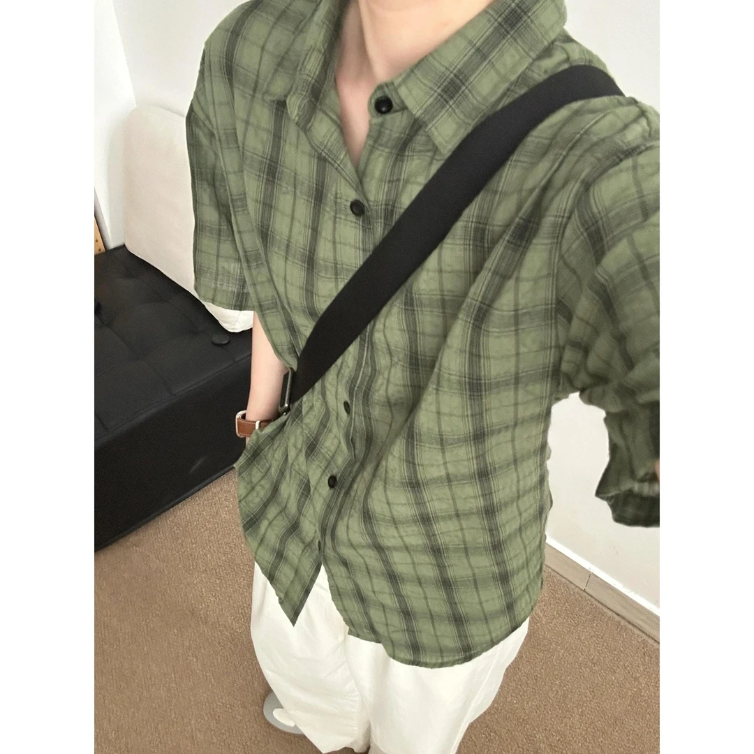 绿色美式复古格子短袖衬衫男夏季薄款高级感痞帅衬衣cleanfit外套