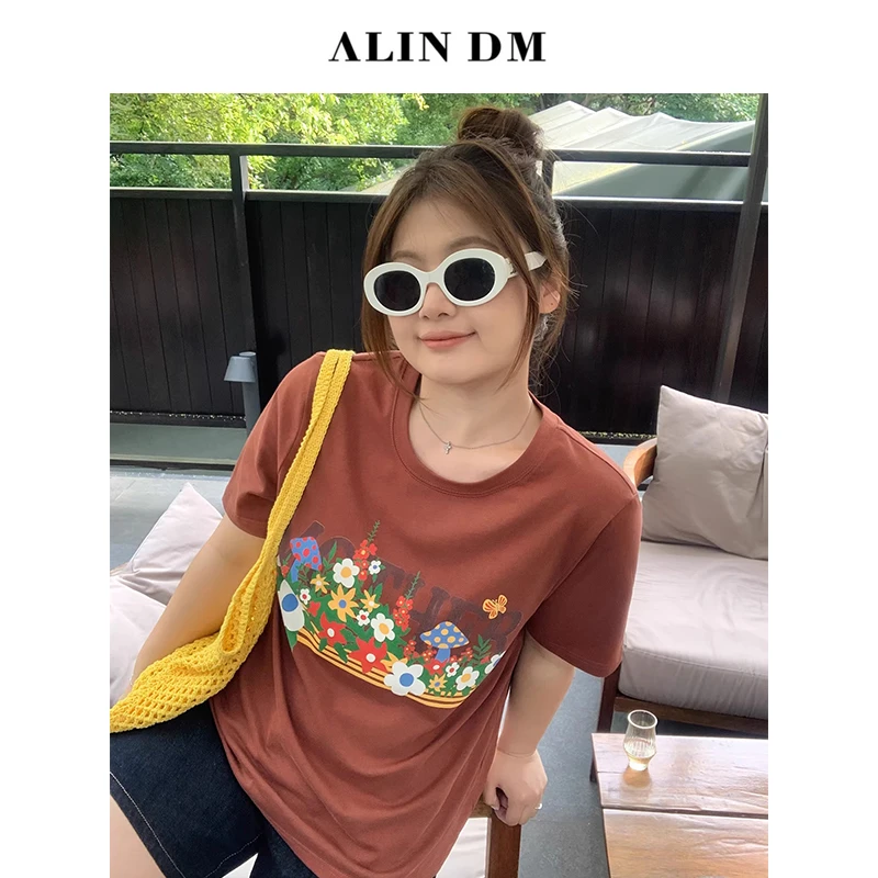 ALINDM【原野碎花】大码微胖mm百搭印花宽松显瘦正肩T恤女 IG5094