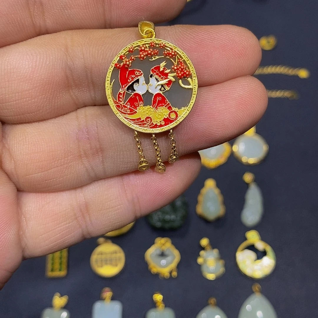 颈饰银S925镀金镶嵌和田玉