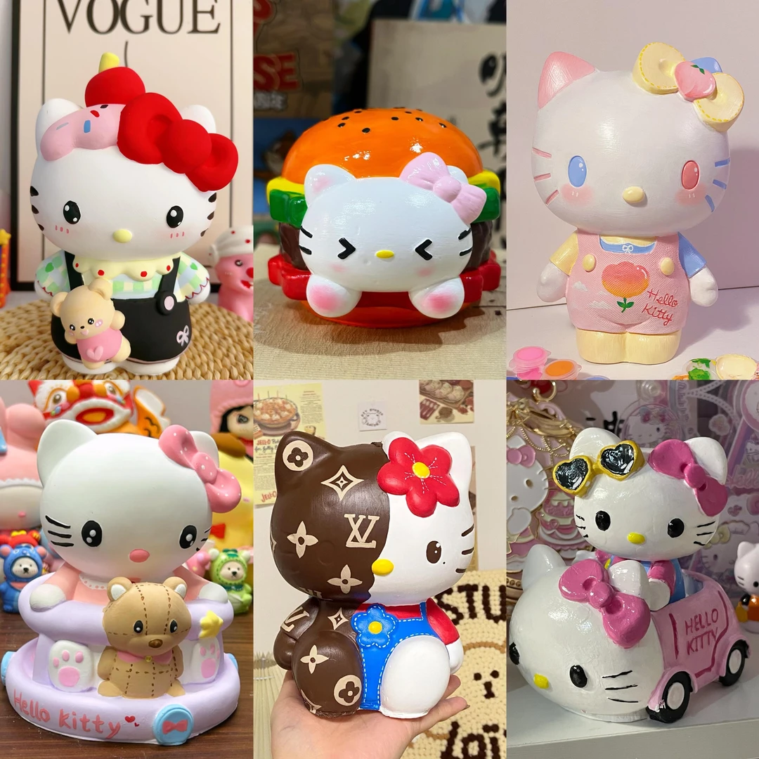 网红凯蒂猫kT猫真石膏娃娃存钱罐涂色手工DIY白胚彩绘礼物摆件