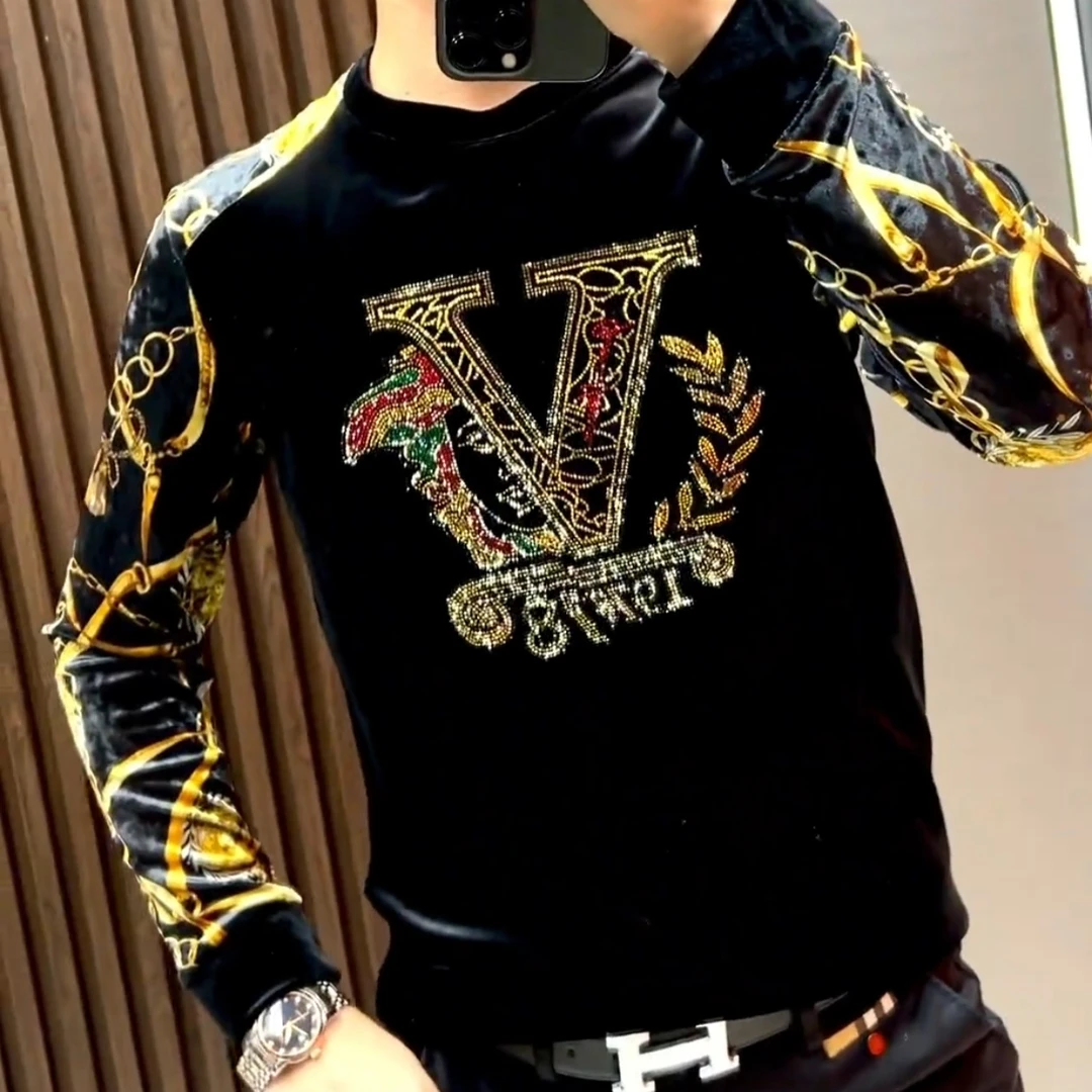 6286新款男士秋季休闲长袖烫钻卫衣男圆领丝绒百搭舒适潮流款男衣