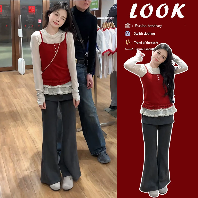 春季穿搭一整套2025新款韩版时尚花边下摆内搭吊带微喇裤三件套装