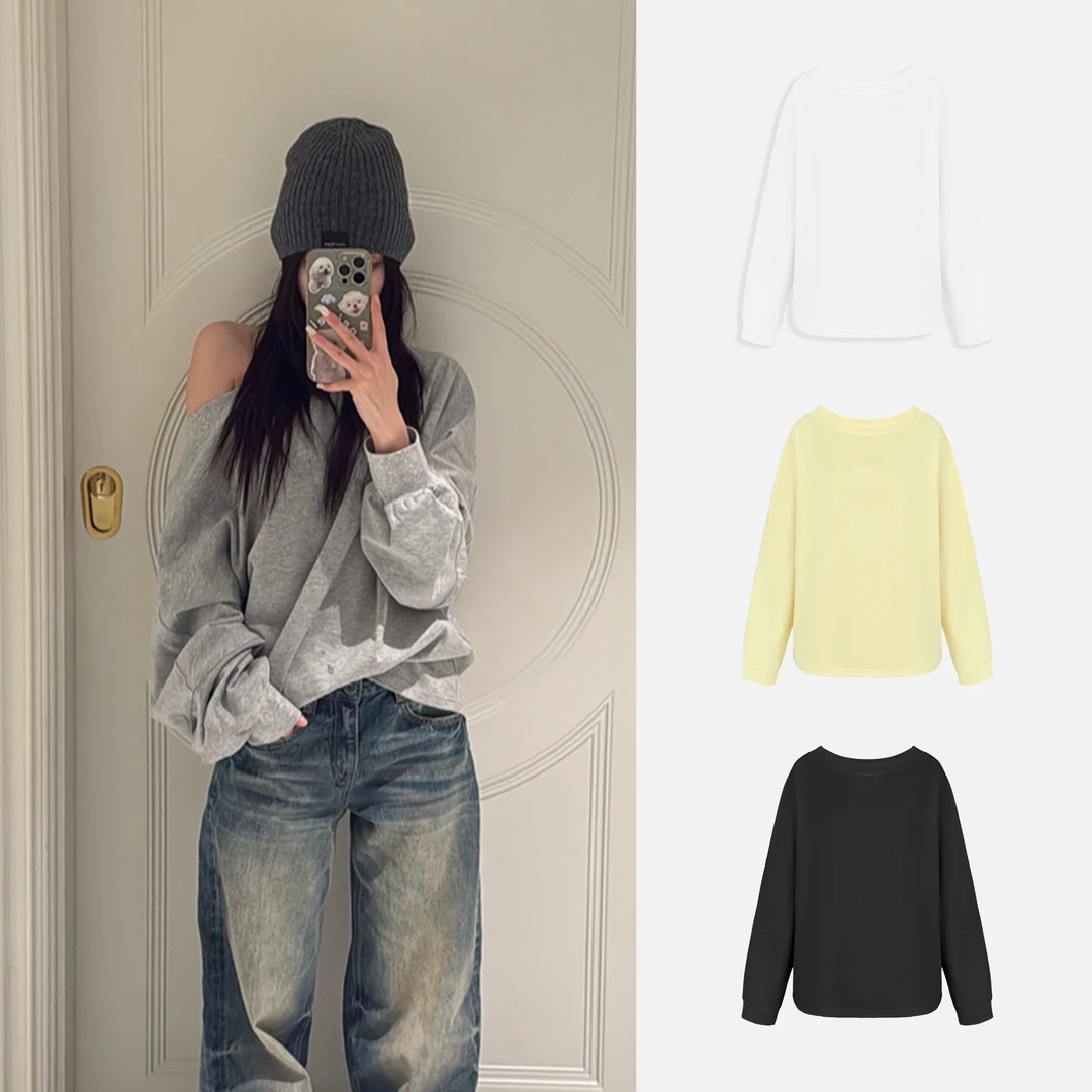 宽松斜肩卫衣女春套头美式白色中长款休闲正肩外套上衣 8518#