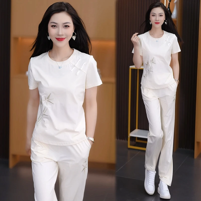 新中式国风套装女2025年夏季新款设计高级感休闲运动阔腿裤两件套