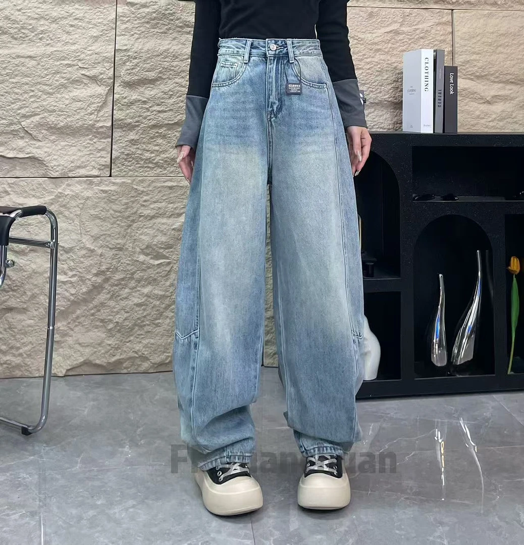 FF8505-[早春新款]-中高腰显瘦宽松慵懒牛仔老爹裤弯刀裤小众水洗