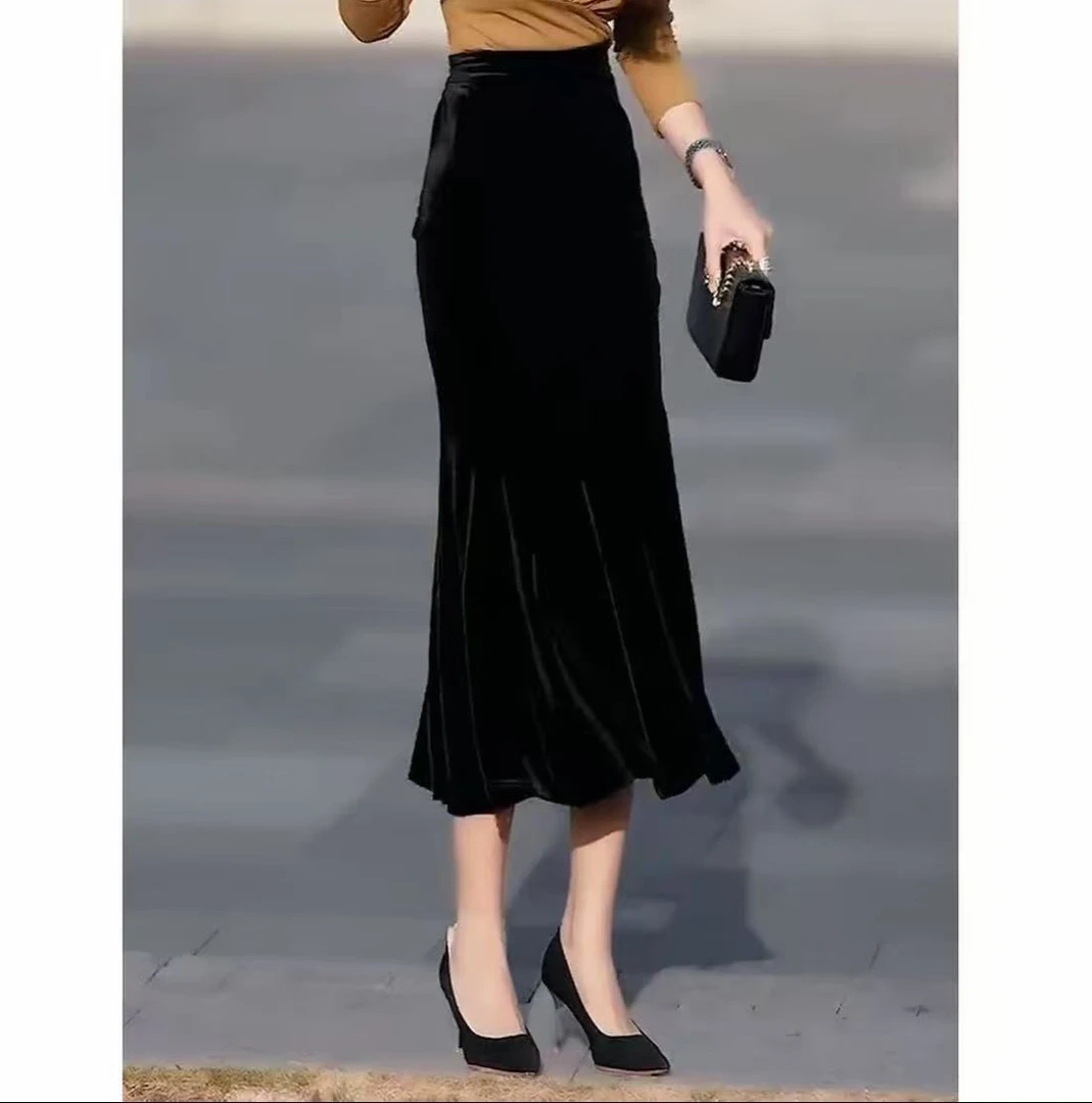 【鱼尾裙】高腰丝绒新款显瘦开衩金丝绒裙秋季开叉鱼尾裙半身裙