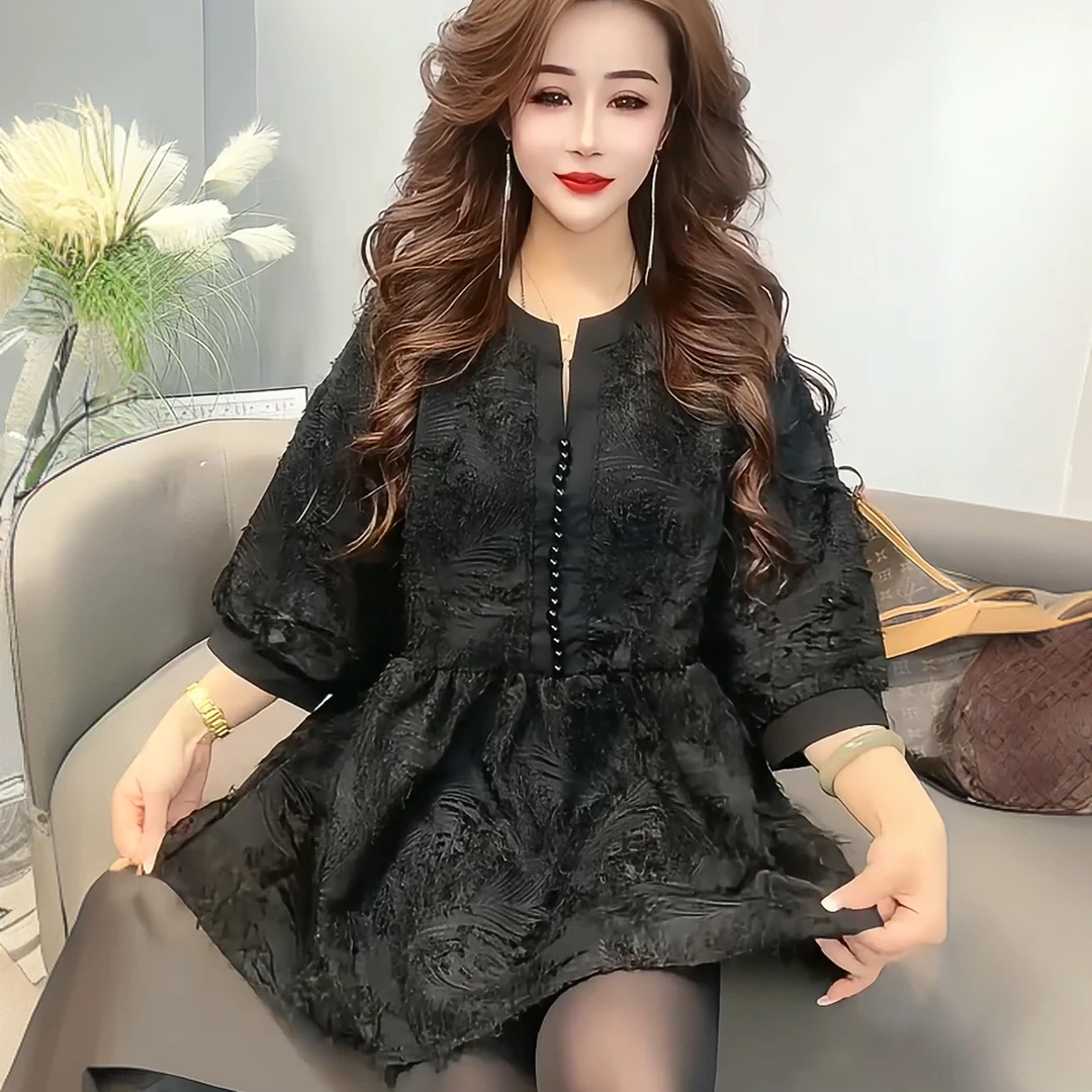 2025春夏新款法式时尚简约宽松显瘦钉珠羽毛纱拼接蕾丝中长款大衫