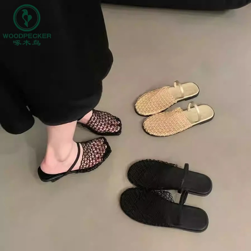 啄木鸟高跟网面凉鞋包头半拖鞋女夏外穿2025新款法式配裙凉拖时髦