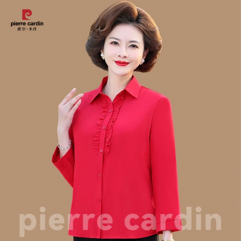 皮尔卡丹中年妈妈装T恤衫女春秋衬衫夏季短袖上衣薄衬衣木耳边202