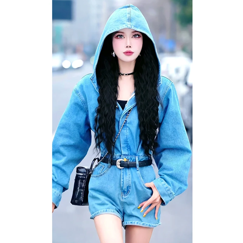 美式复古气质御姐风连帽牛仔连体裤女2025春秋新款收腰显瘦短裤潮