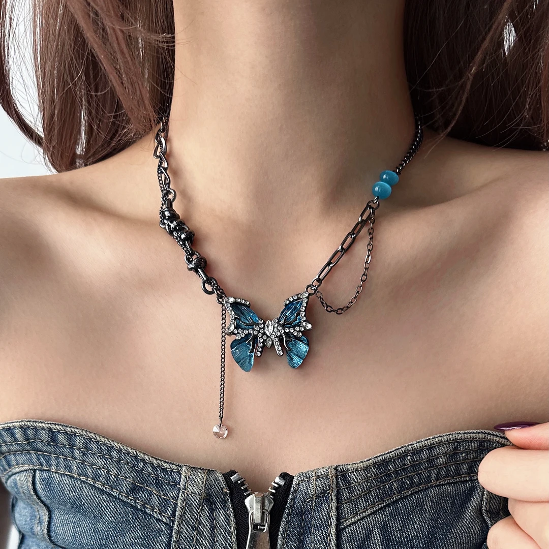 合金项链 X5430-1暗黑个性时尚甜酷轻奢高级感蓝色蝴蝶项链设计感