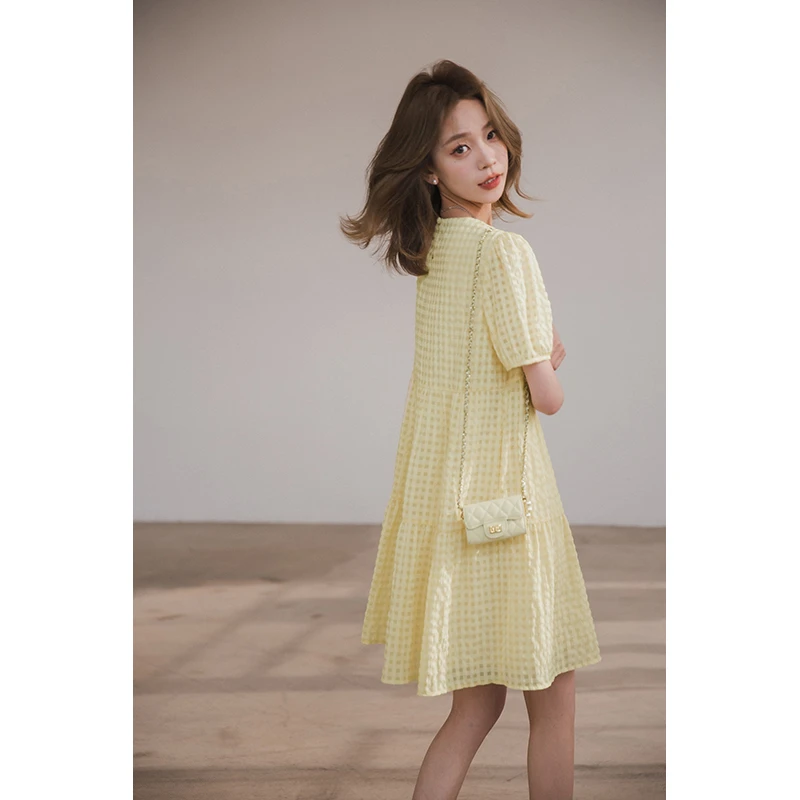 小谷粒向日葵连衣裙初夏圆领抽褶泡泡袖毛织肌理连衣裙2025新款爆