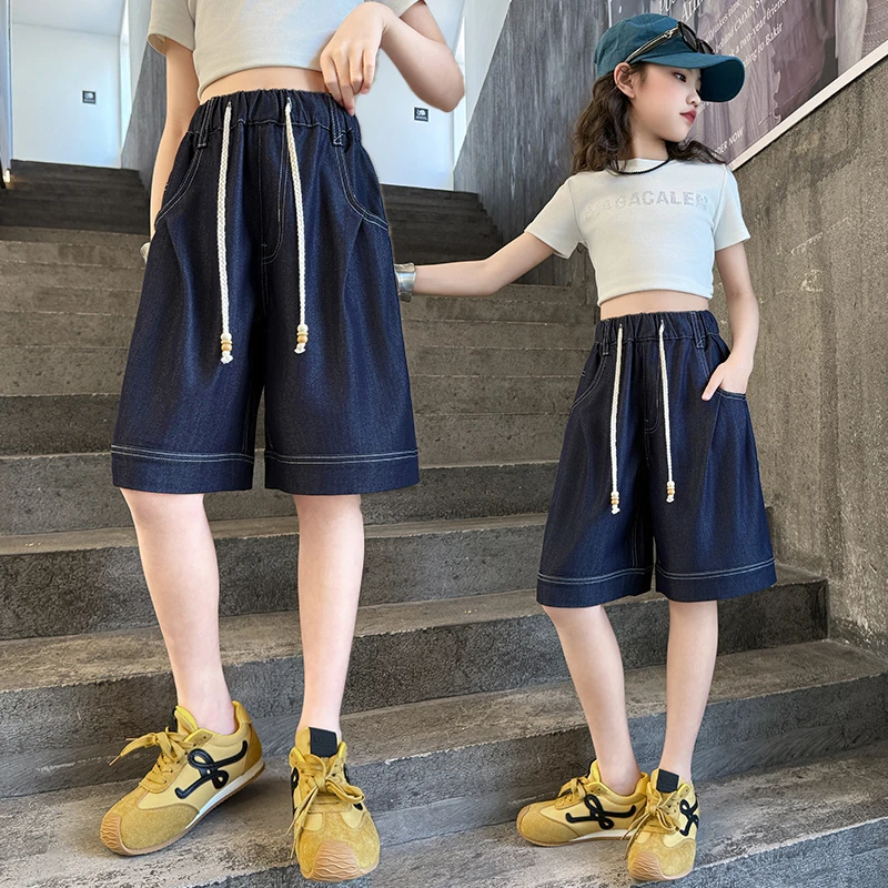 女童夏季薄款裤子儿童天丝牛仔裤女大童中裤儿童五分裤初中生短裤