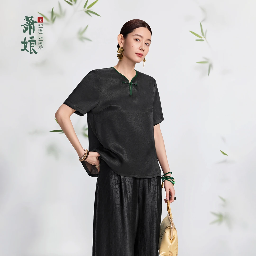 萧娘【紫苏】弹力缎桑蚕丝上衣新中式宽松复古中国风上衣1775