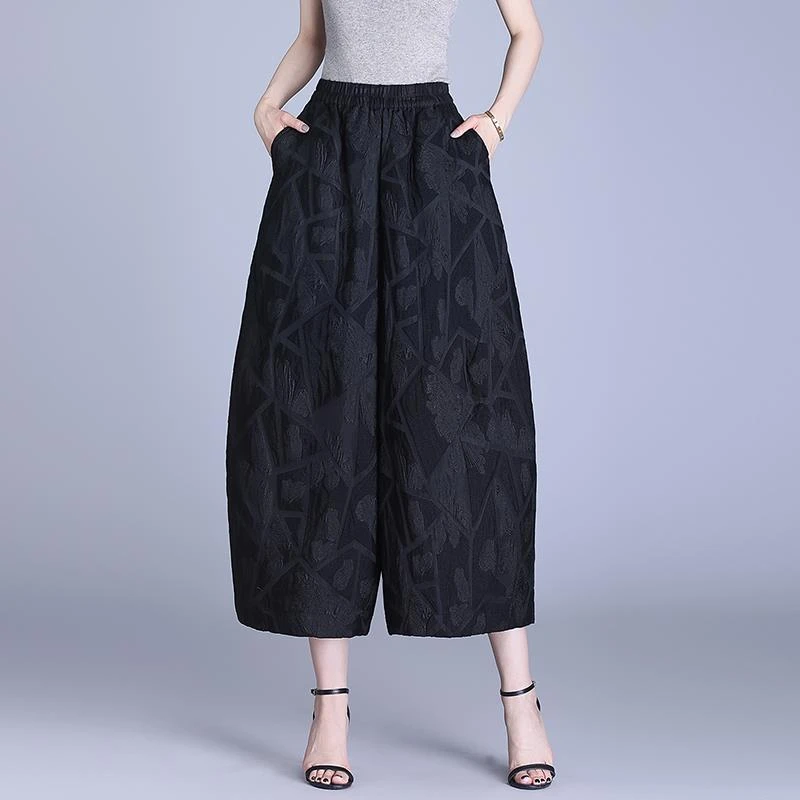 新中式妈妈裤子小个子九分阔腿裤女仿桑蚕丝黑色休闲夏新款灯笼裤
