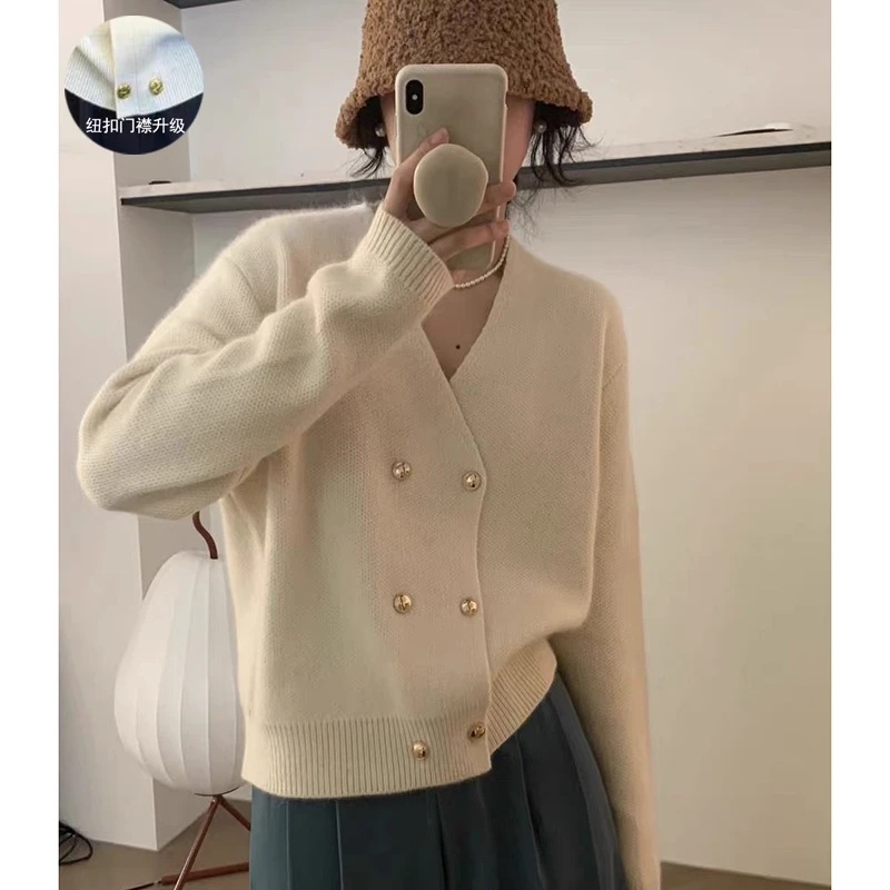 【摩卡色】开衫外套3575超柔软高品质V领双排扣开针织毛衣