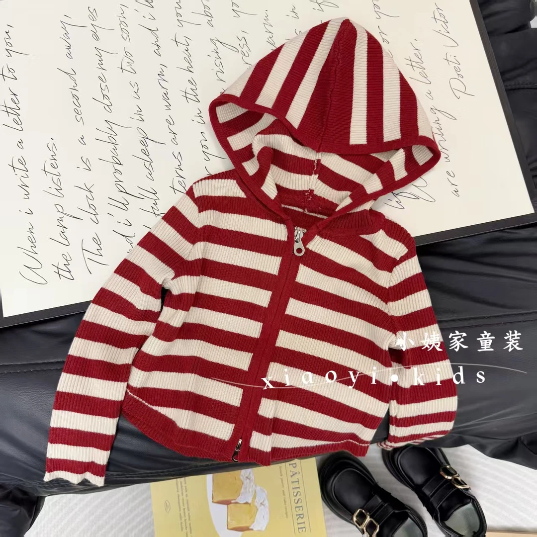 女童儿童连帽开衫常规长袖连帽少女风条纹秋季童装红色开衫