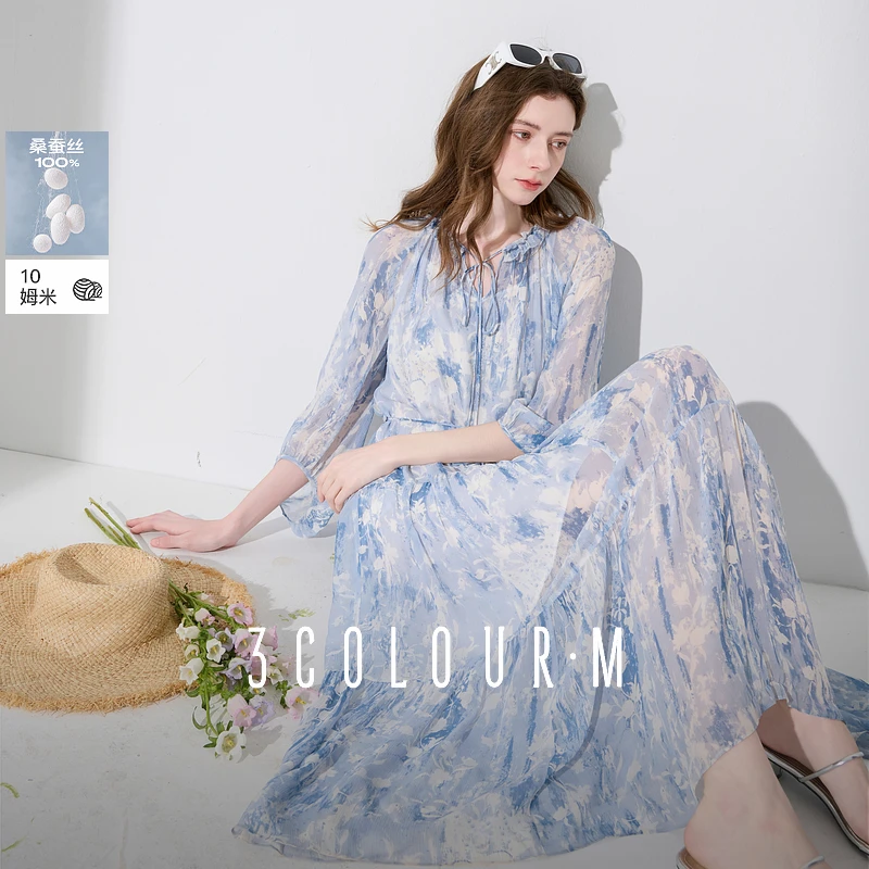 【100桑蚕丝】三彩2025夏季新款真丝连衣裙九分袖碎花裙两件套女M