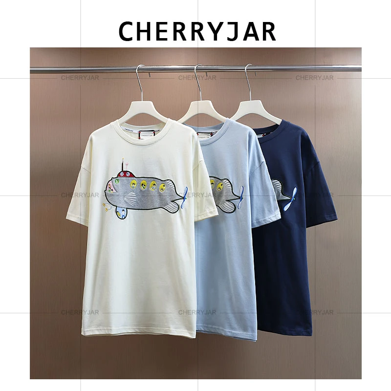 Cherryjar【251117】纯色柔软创意鲸鱼潜艇植绒时尚百搭夏季上衣